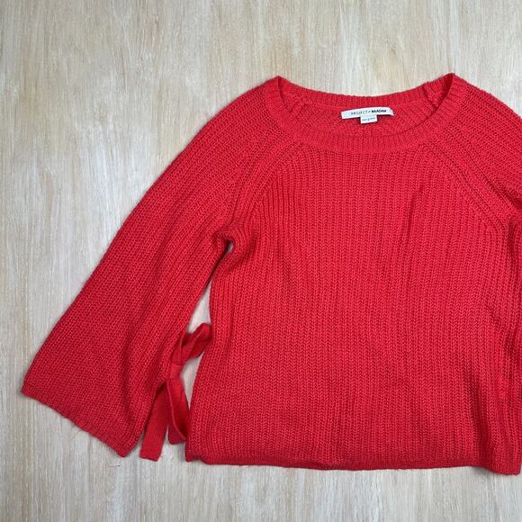 Project Naadam Coral Pink Open Knit Bell Sleeve Tied Bow Pullover Sweater Small - Picture 2 of 15